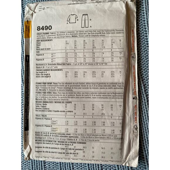 Simplicity 8490 pattern Kids pajamas top shorts - Picture 3 of 5